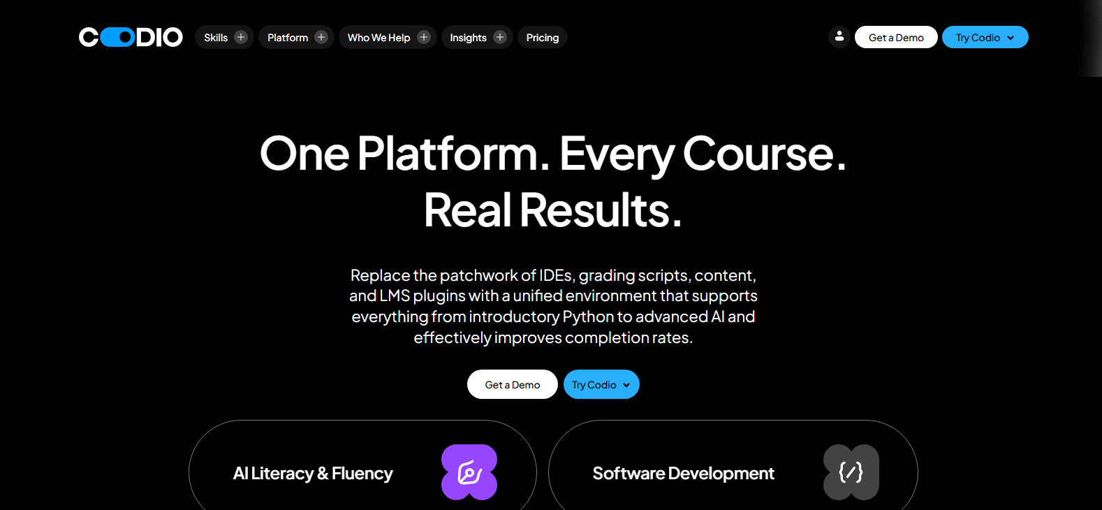 CODIO online learning platform showcasing an integrated environment for AI literacy, software development.