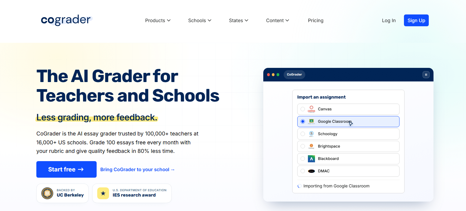 CoGrader AI essay grader for teachers and schools, featuring LMS integration with Google Classroom, Canvas.