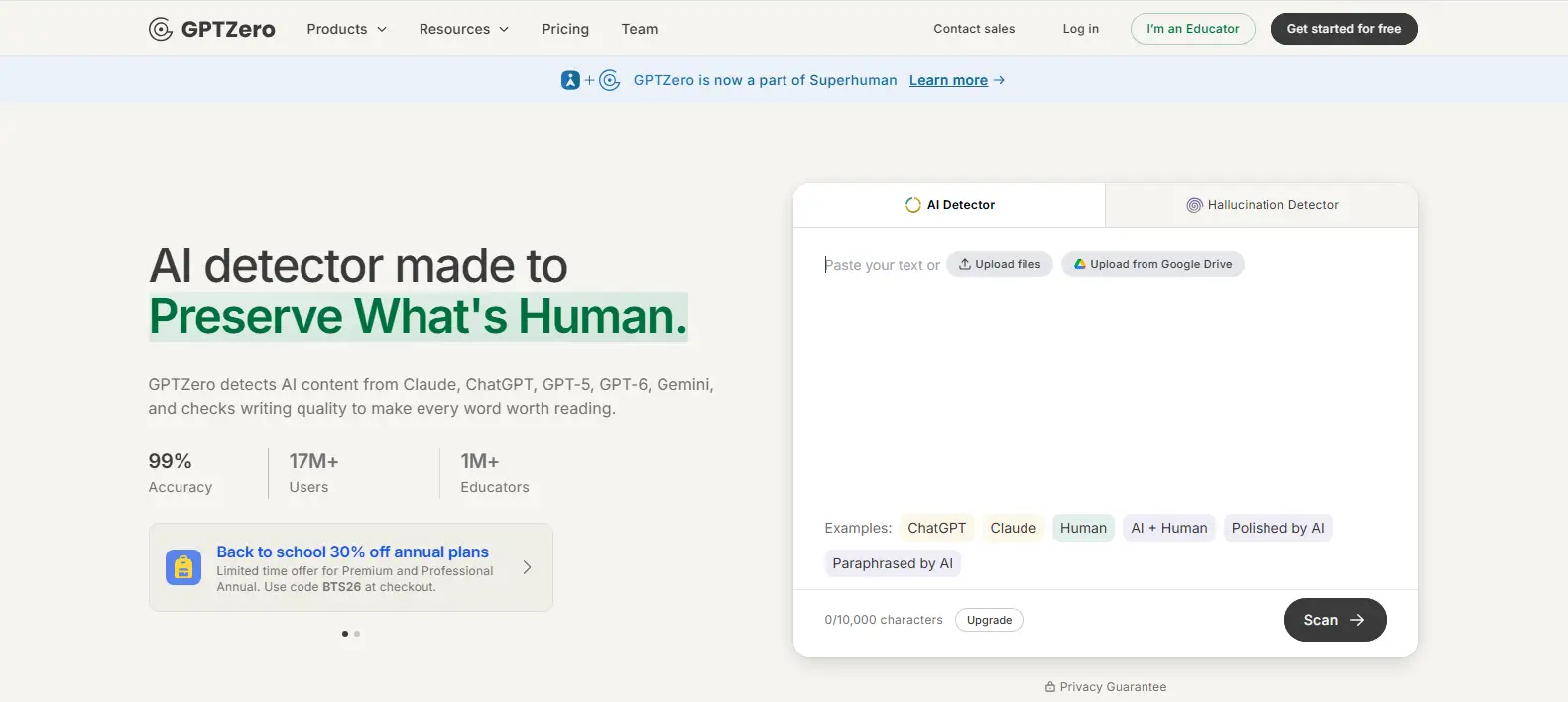 GPTZero AI detector interface highlighting AI-generated text detection.