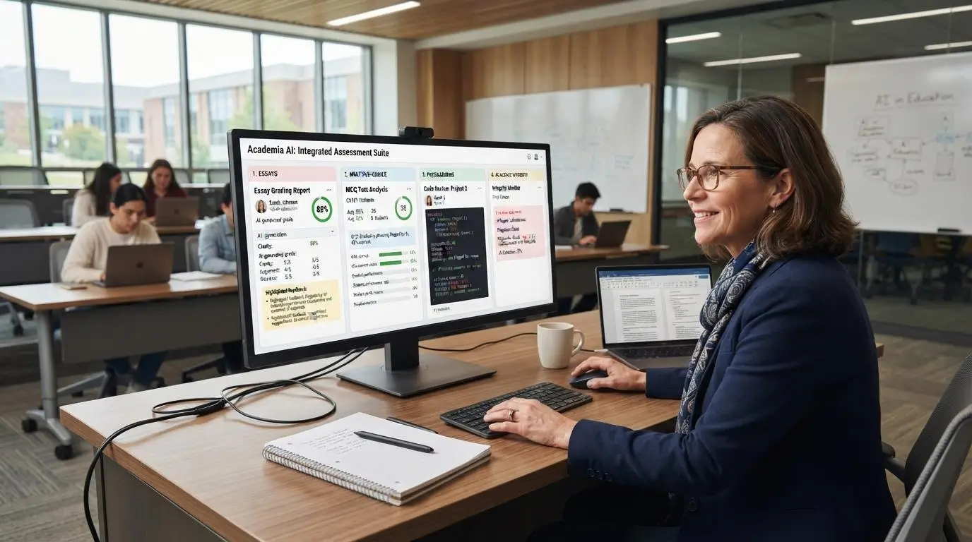 Modern university classroom with a teacher exploring AI-powered grading tools for essays, multiple-choice tests.