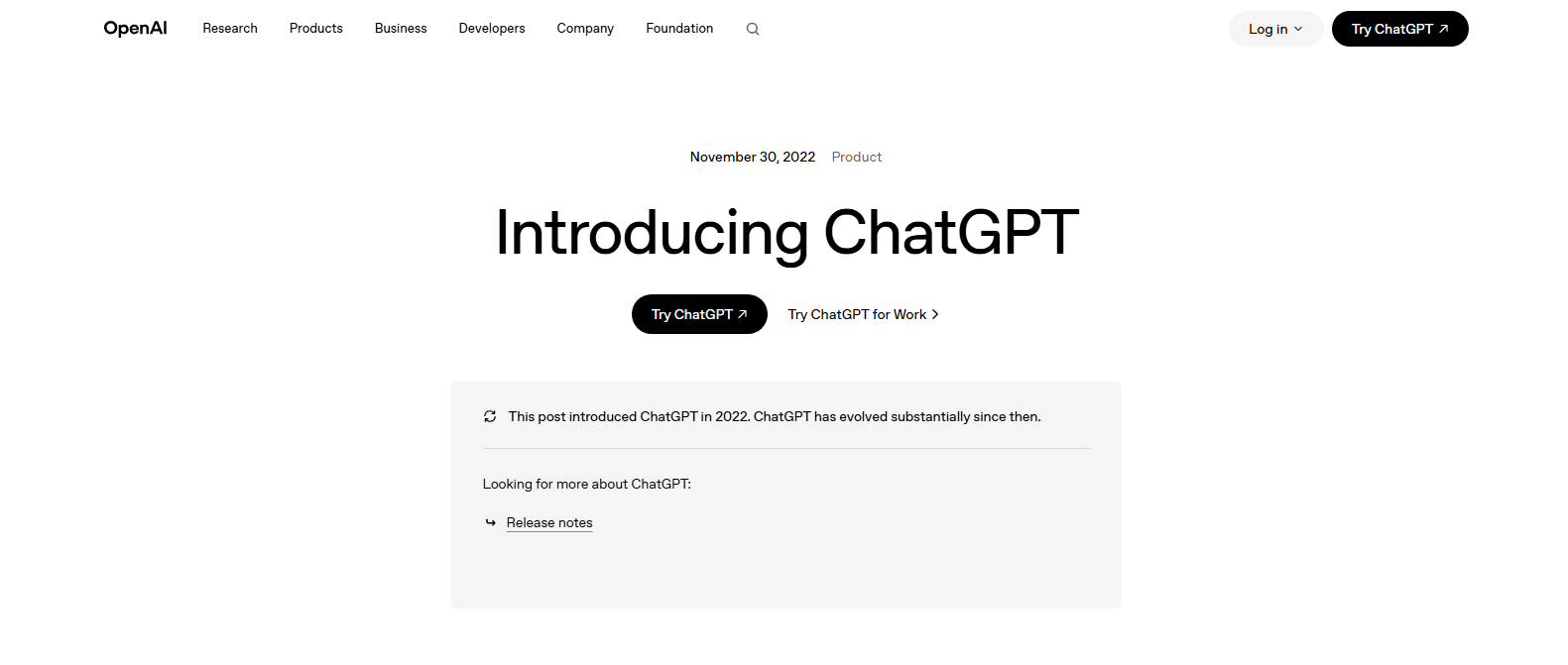 OpenAI ChatGPT product introduction webpage.
