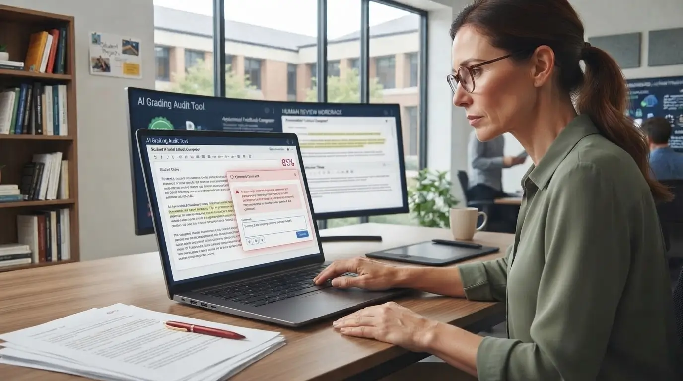Teacher reviewing AI-generated grades on a laptop.