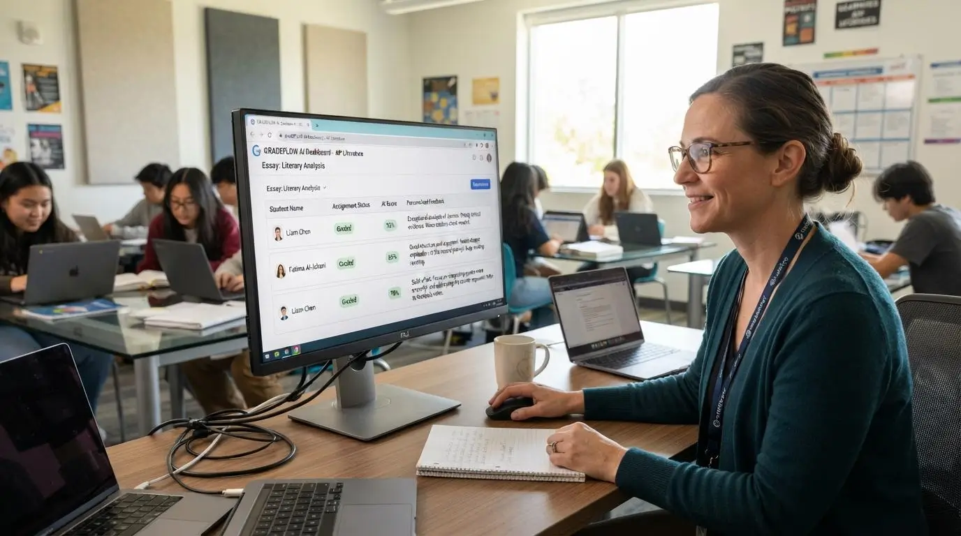Teacher reviewing an automated grading dashboard displaying student assignments, AI-generated scores.