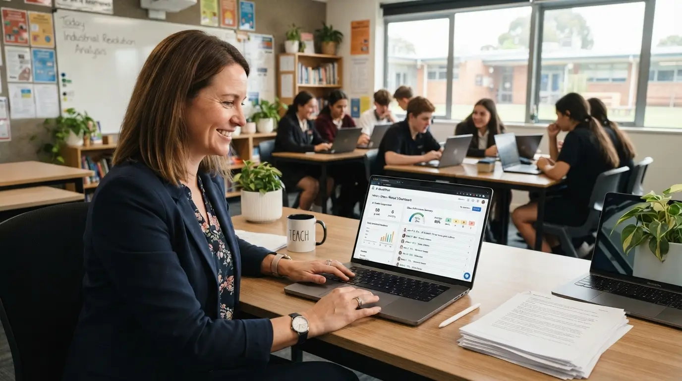 Teacher using an AI-powered grading dashboard to evaluate student assignments.