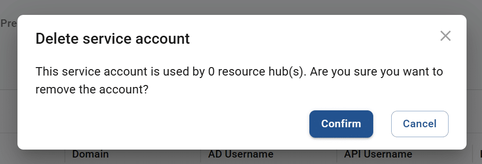delete service account pop-up