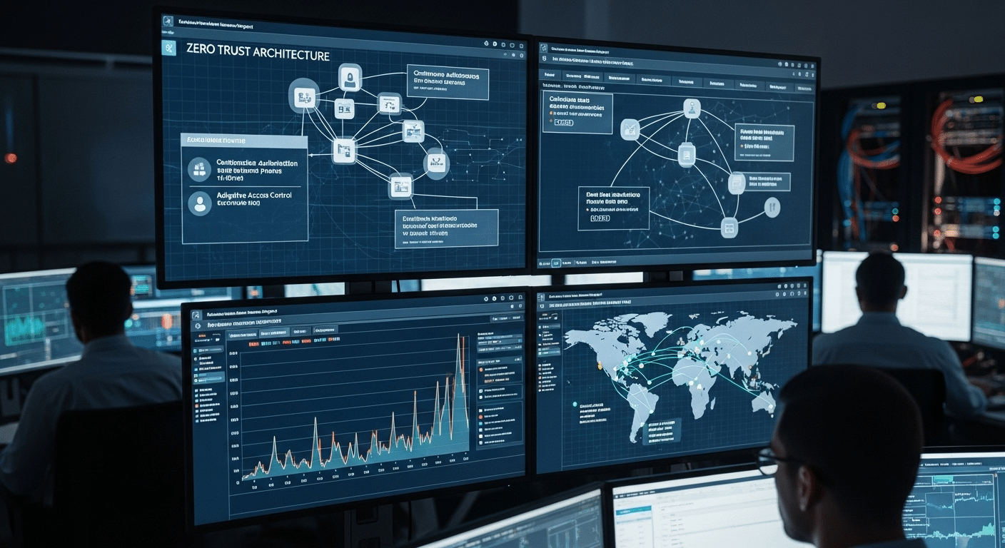 Security operations center monitoring Zero Trust policies, continuous authentication, and adaptive access controls.
