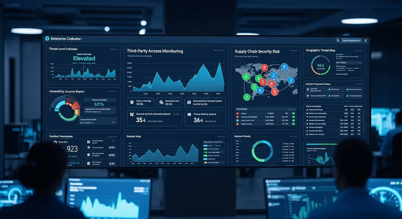 Enterprise cybersecurity dashboard monitoring third-party access and supply chain security risks.