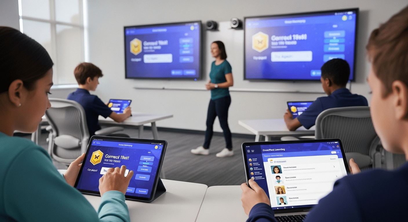 Students using gamified learning apps with quizzes, challenges, and real-time feedback in a digital learning environment.