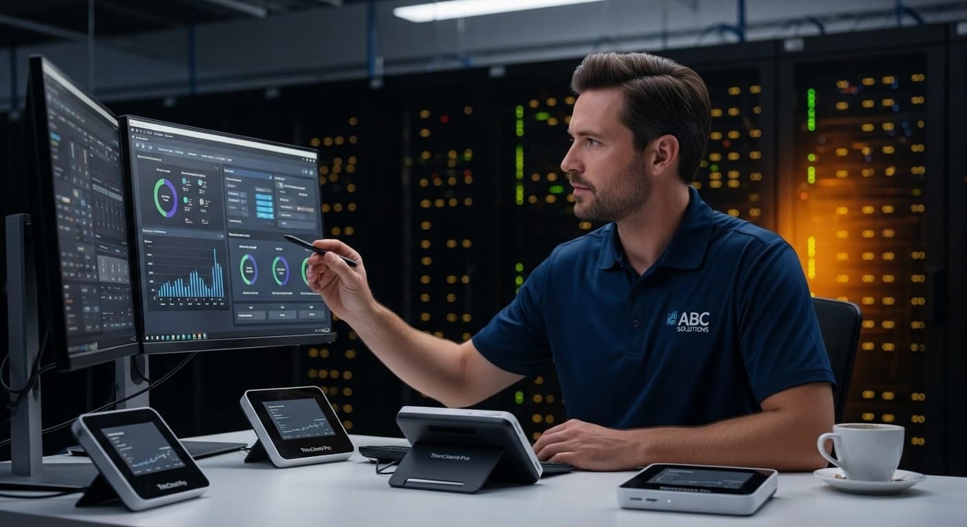 IT administrator monitoring server performance dashboards in a data center, managing virtual desktops through thin client VDI.