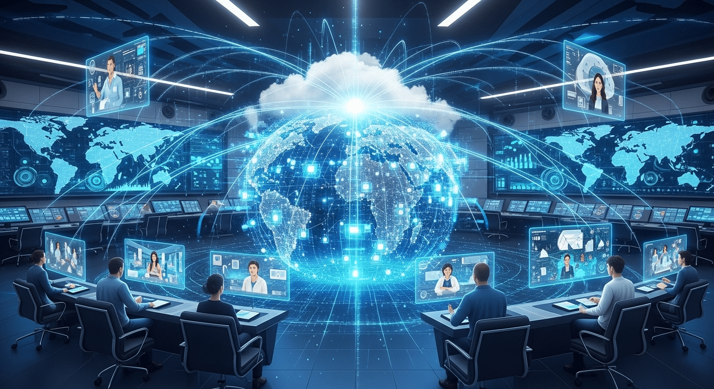 Global cloud infrastructure powering scalable virtual training platforms with learners connected worldwide.