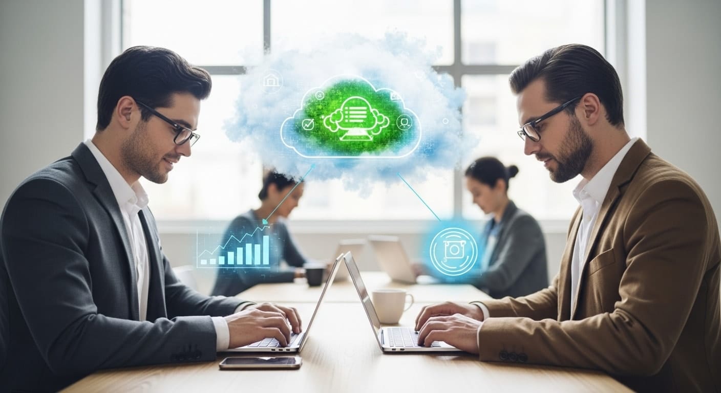 Employees working on cloud-based desktops in a modern office, highlighting collaboration and flexibility as key advantages in VDI pros and cons.
