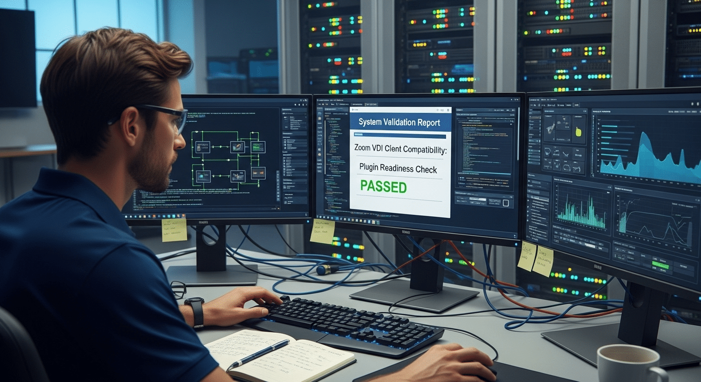 Technical setup scene showing system validation before installing Zoom VDI client and plugins.