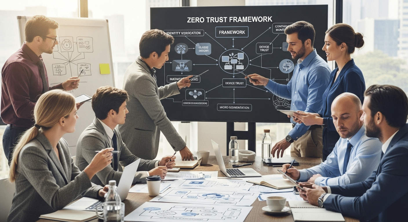 Enterprise IT team planning and deploying Zero Trust security strategy using structured framework diagrams.