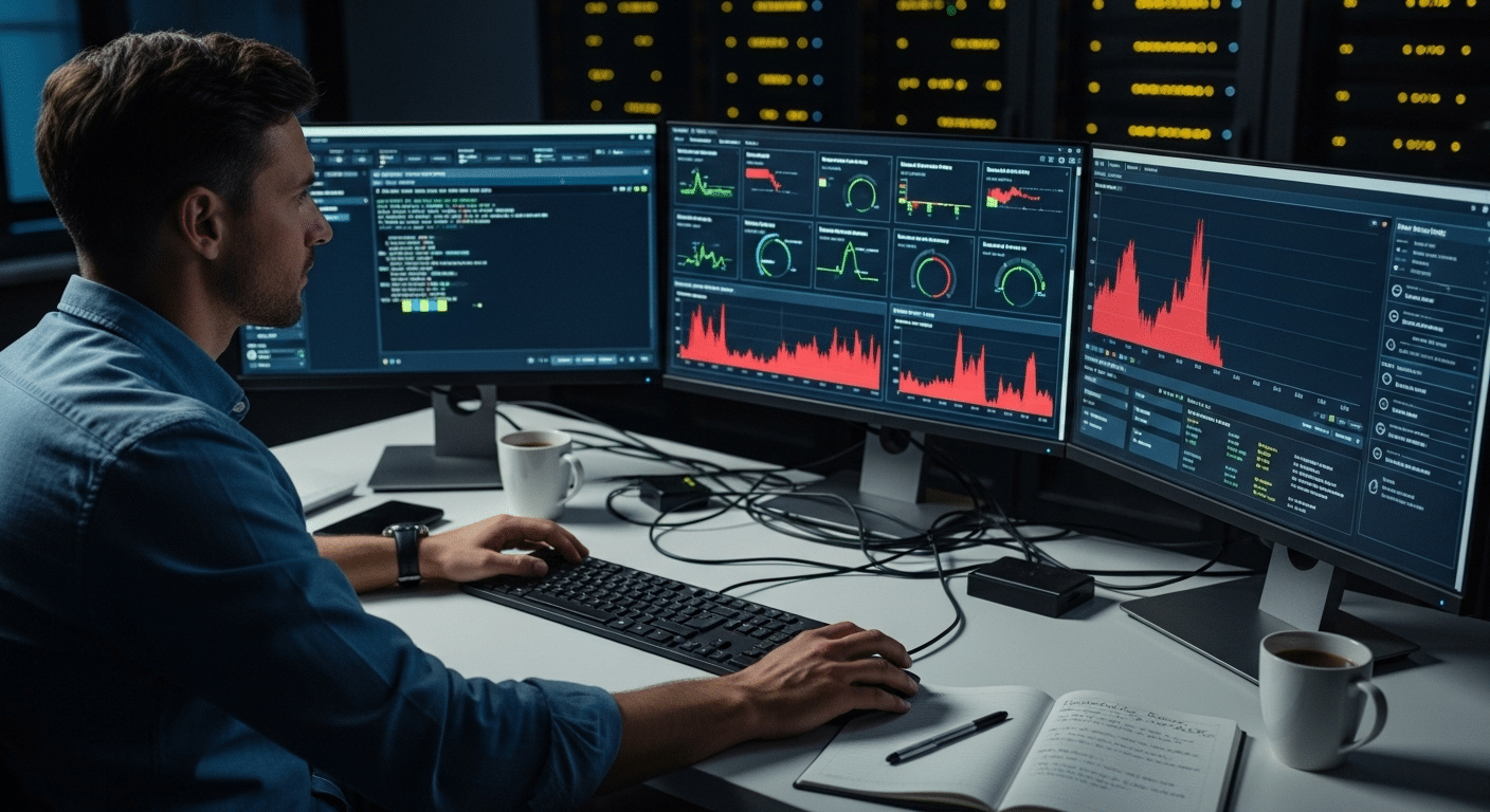 IT engineer monitoring virtual desktop performance metrics and resolving latency issues on a centralized dashboard.