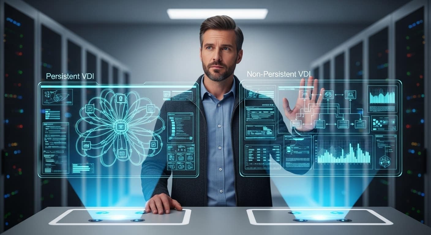 Professional comparing persistent and non persistent VDI interfaces through holographic data panels inside a data center.