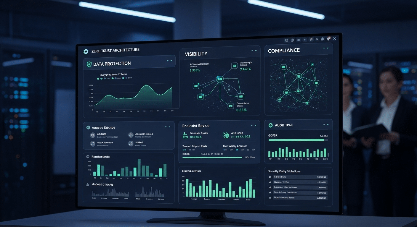 Enterprise cybersecurity dashboard highlighting Zero Trust benefits including data protection, visibility, and compliance.