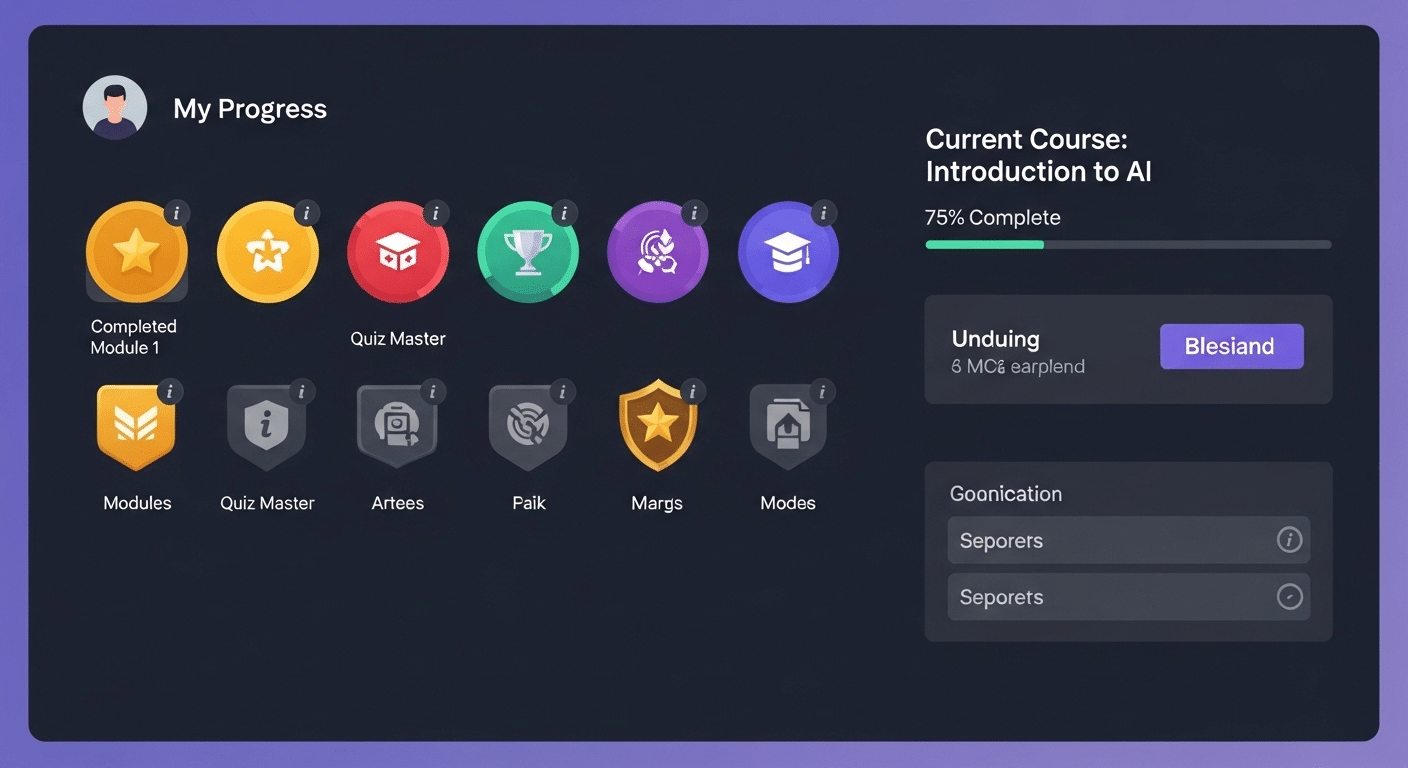 Gamified learning dashboard showing badges, progress bars, leaderboards, and personalized learning paths.