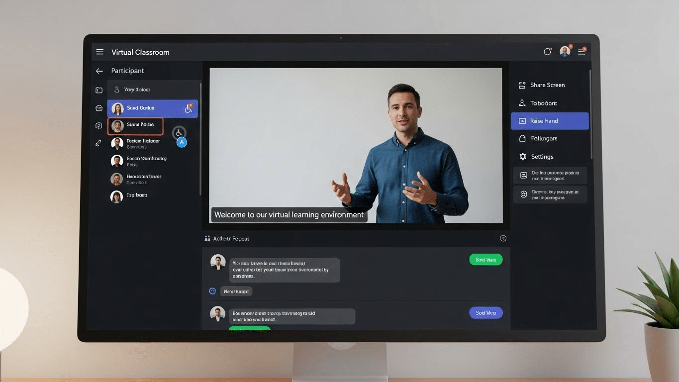 Online instructor presenting inside a virtual classroom technology platform with participant list, chat, and accessibility features.