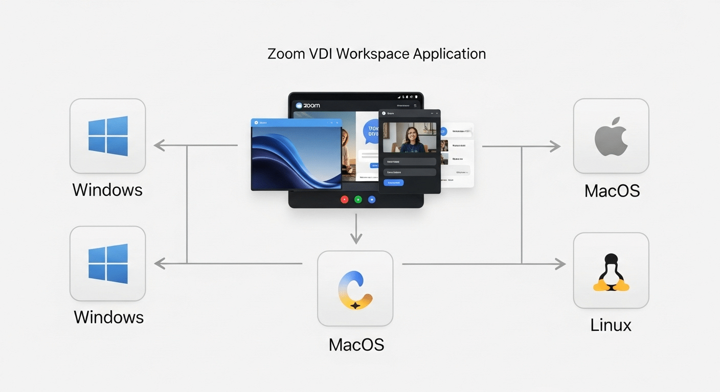 Cross-platform architecture illustration showing Zoom VDI workspace app connected to platform-specific plugins.