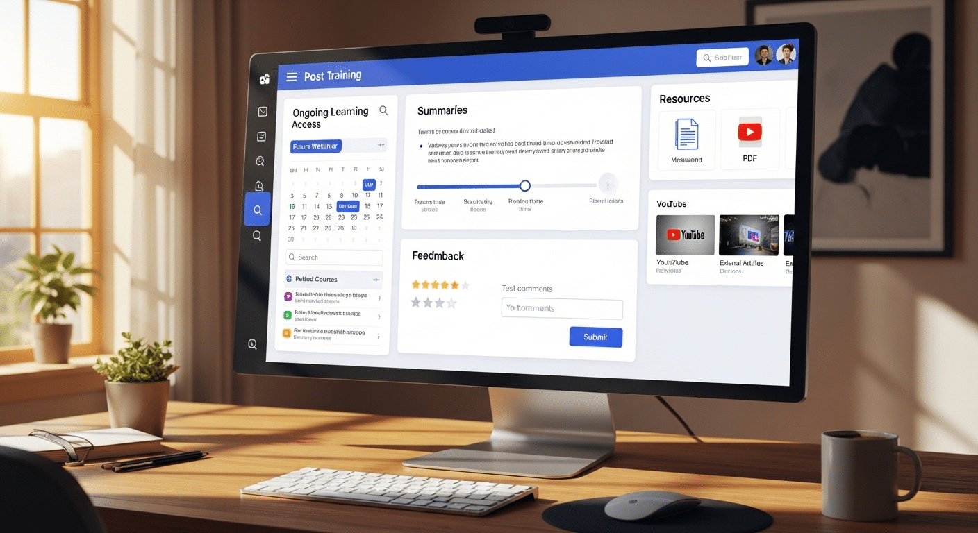 Post-training virtual learning workflow showing summaries, resources, feedback, and ongoing learning access.
