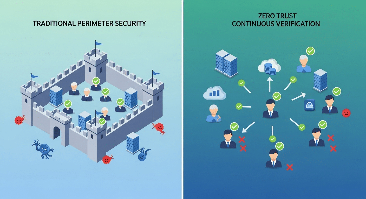 Side-by-side cybersecurity comparison showing traditional perimeter security versus Zero Trust continuous verification model.