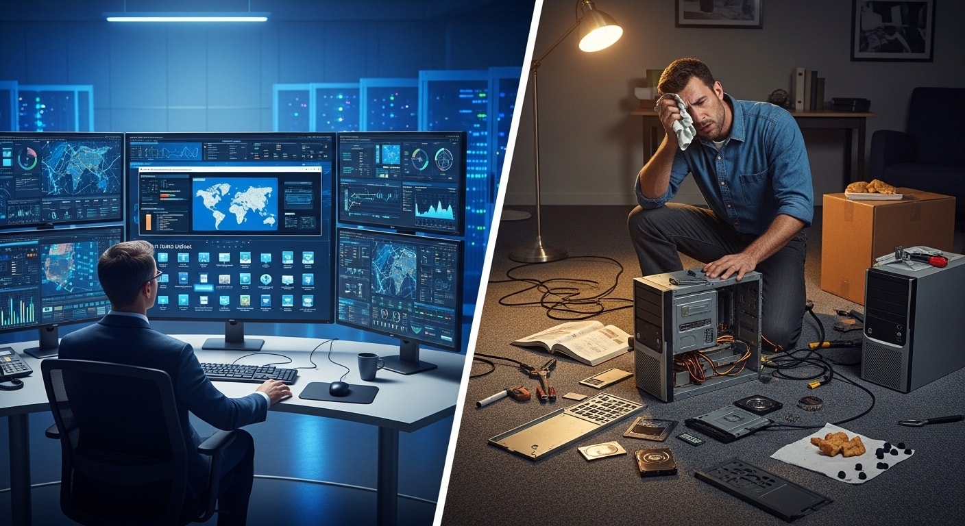 Split-screen comparison of centralized IT management using thin client VDI versus manual desktop maintenance, highlighting reduced complexity.