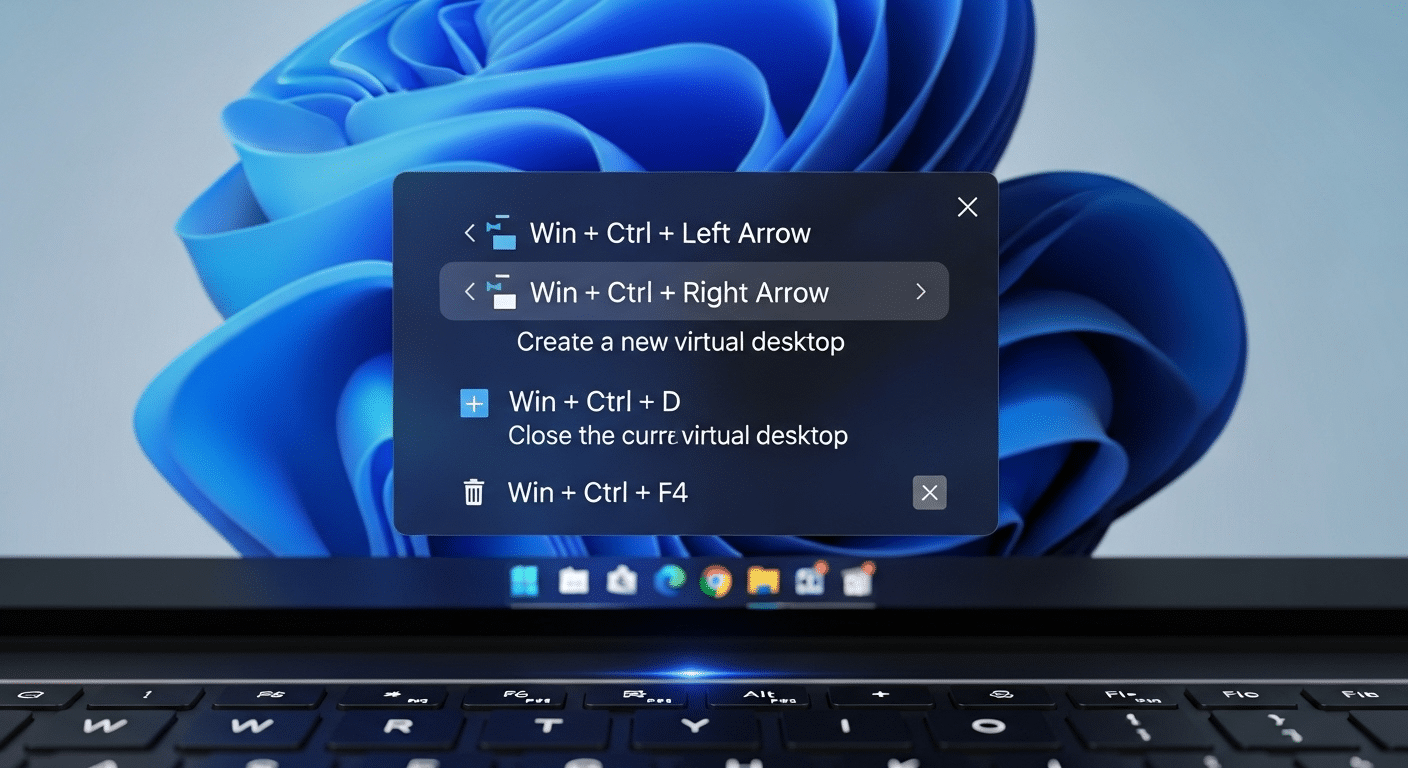 Windows 11 keyboard shortcut overlay showing virtual desktop switching commands.