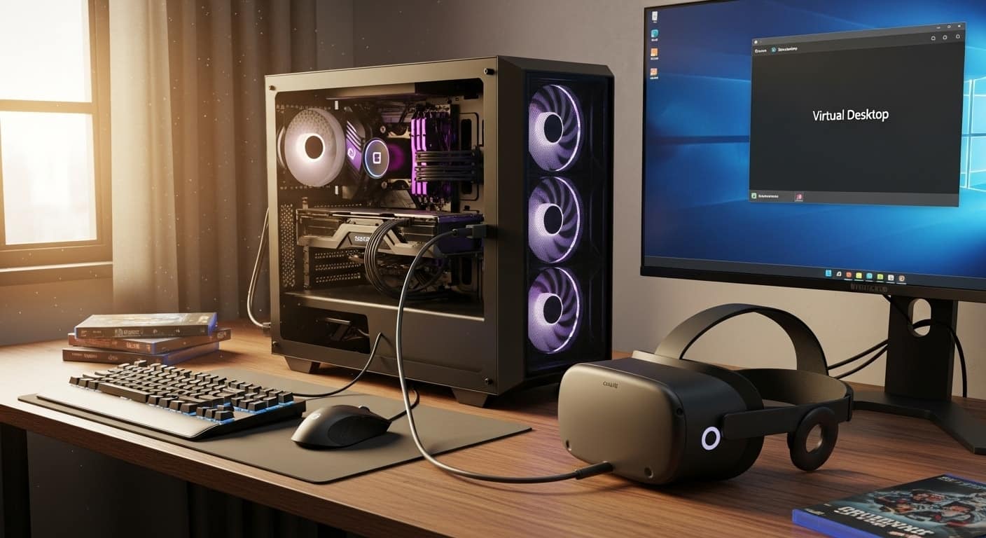 Gaming PC connected to an Oculus VR headset showing the Virtual Desktop app on screen, representing how to set up virtual desktop for PC gaming.