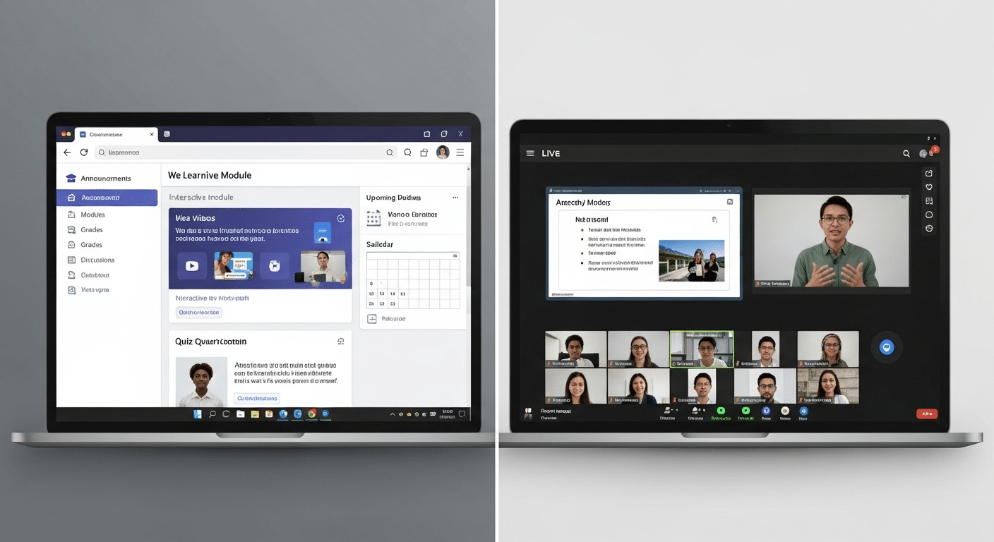 Side-by-side comparison of LMS course management tools and live virtual classroom teaching environment.