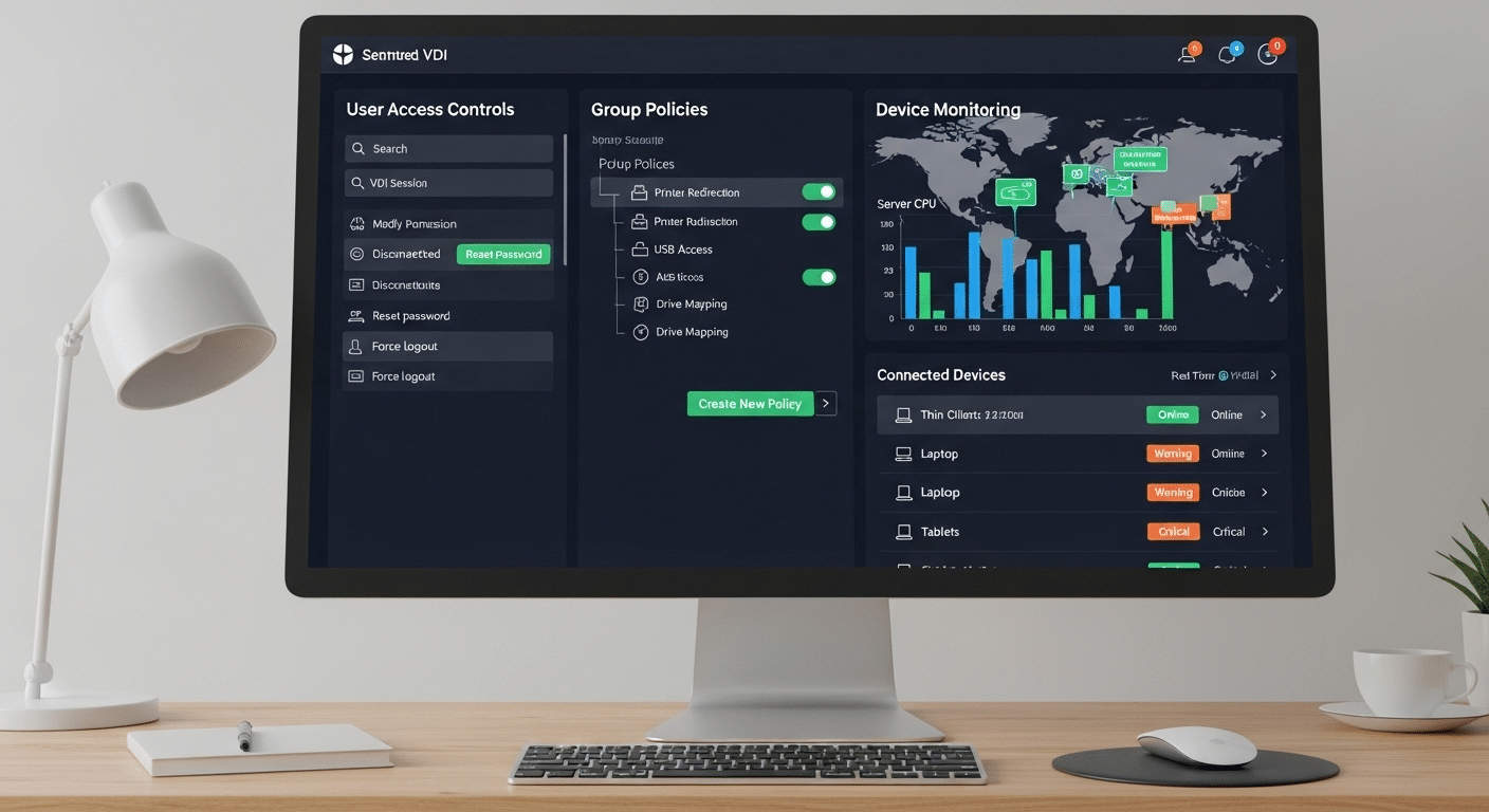 Centralized VDI management dashboard showing user access controls, group policies, and device monitoring in one interface.