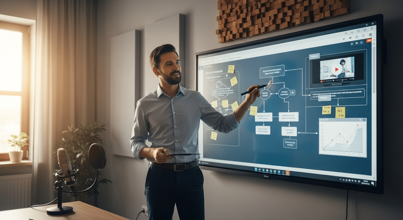 Instructor using an interactive digital whiteboard to explain concepts during a live virtual class session