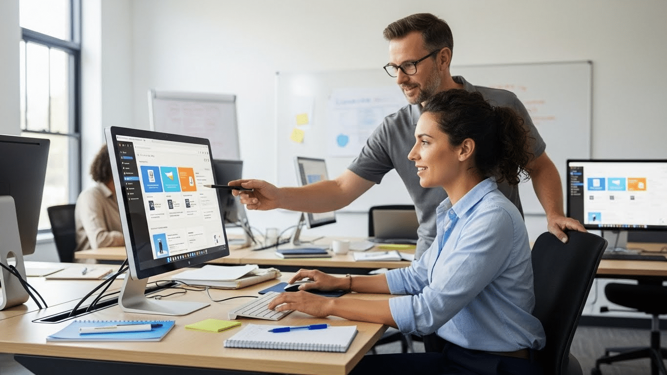 Team reviewing digital tools on a computer as part of an effective virtual classroom setup.