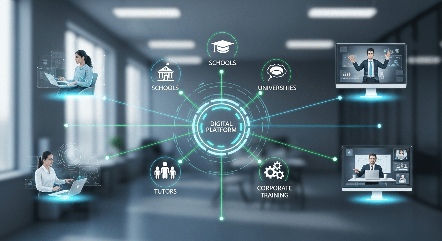 Connected virtual learning ecosystem serving schools, universities, tutors, and corporate training teams through one digital platform.