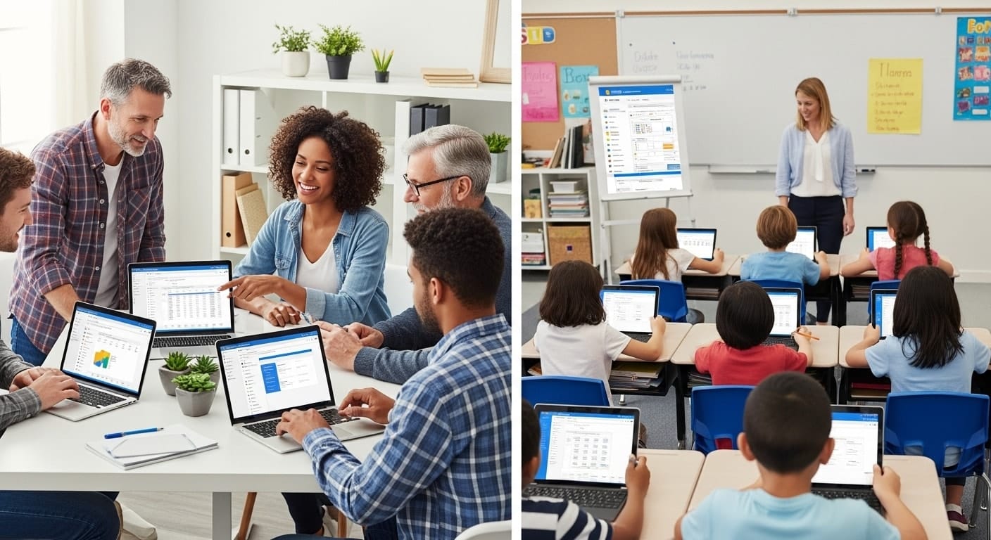 Educators and students using laptops in classrooms and meetings, demonstrating affordable and scalable VDI pricing for schools.
