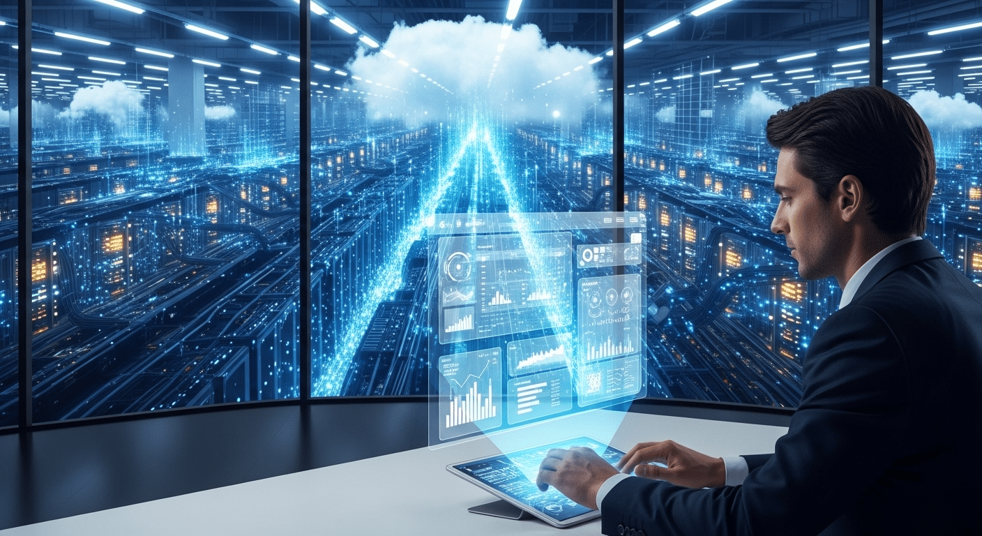 Business professional working on a virtual desktop from a lightweight device, with cloud computing infrastructure in the background.