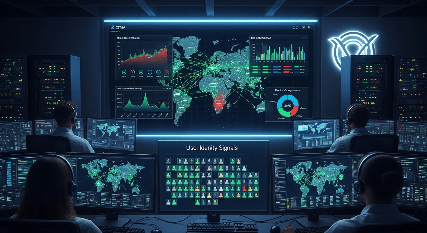 Security operations center monitoring ZTNA policies, user identity signals, and device compliance in real time.