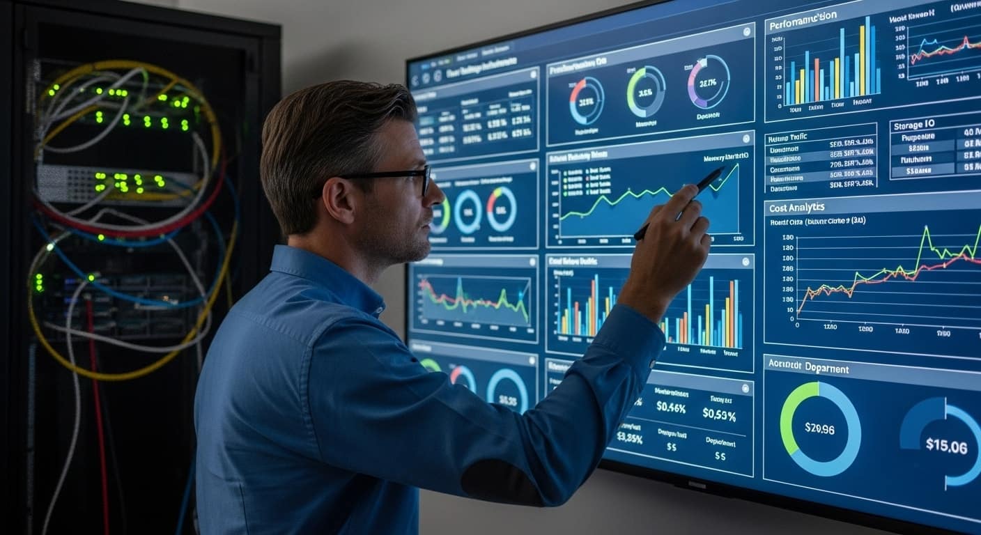 IT manager monitoring server performance and cost analytics dashboards to optimize VDI pricing and infrastructure expenses.