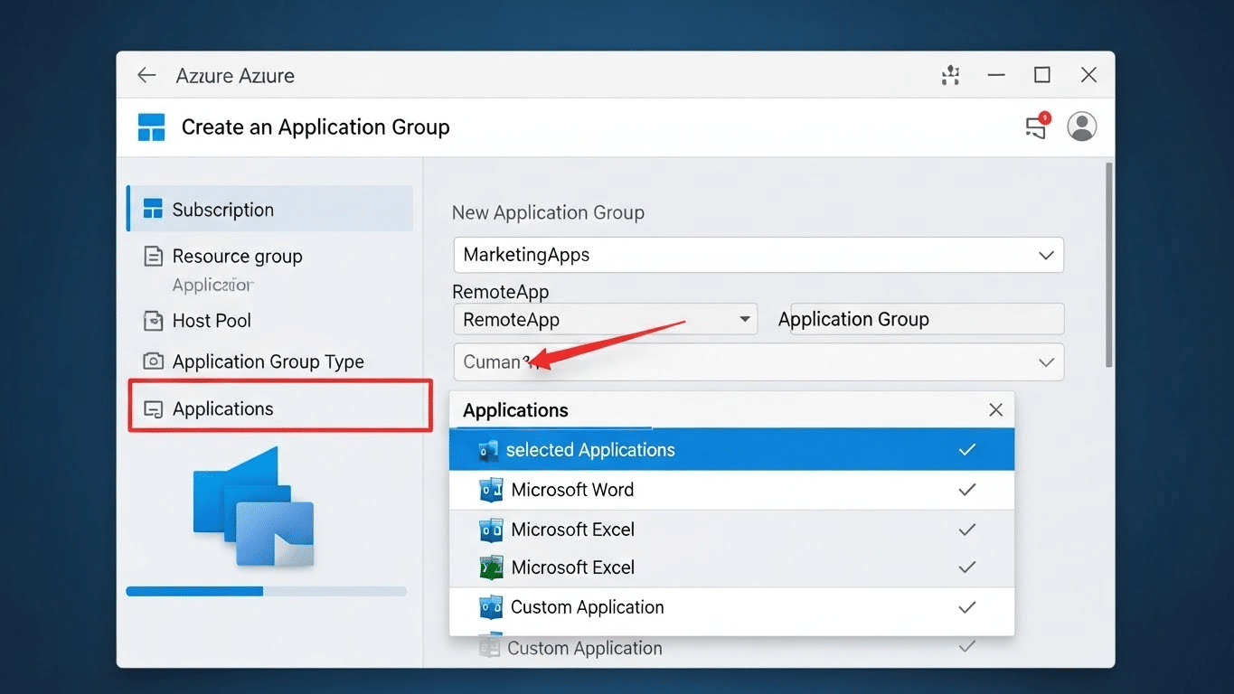 Azure portal interface for creating an Application Group and selecting RemoteApps, demonstrating how to configure Azure Virtual Desktop access.