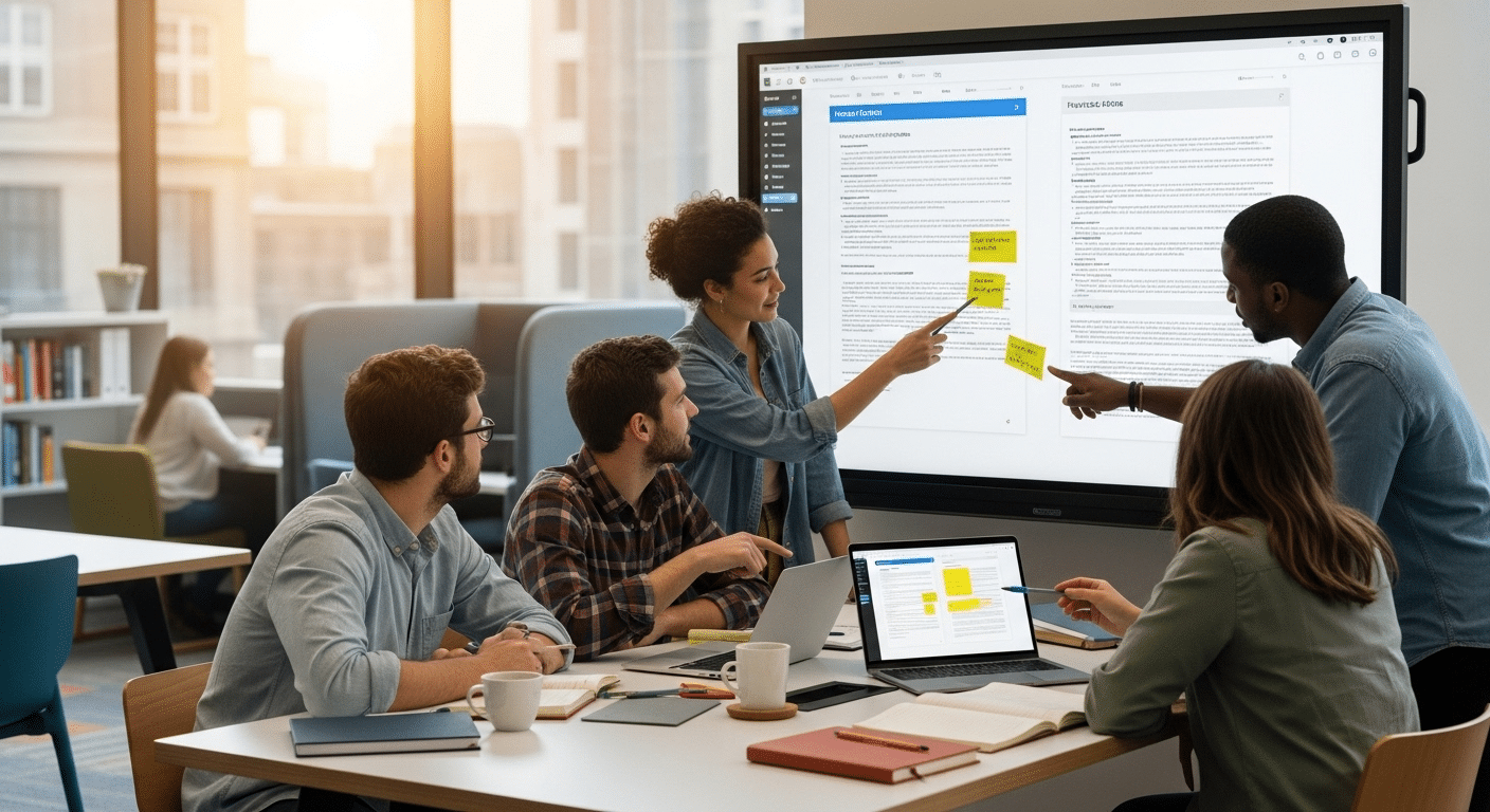 Students collaborating in real time on shared digital documents during a group learning activity.