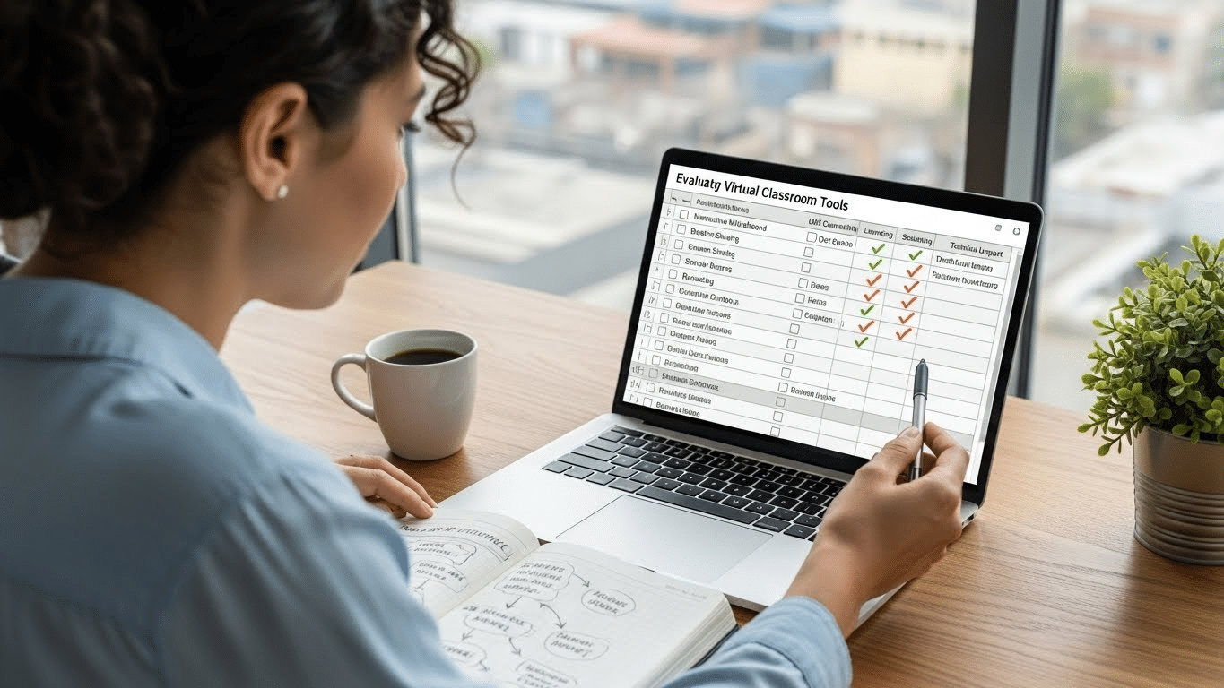 Educator assessing platform features on a laptop checklist to plan a virtual classroom setup.