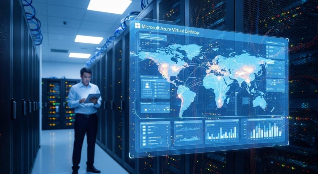 Engineer monitoring global cloud performance while configuring and operating Microsoft Azure Virtual Desktop in a data center