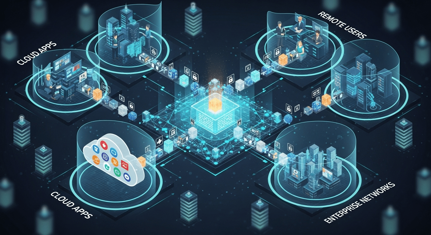 Modern Zero Trust security architecture protecting cloud apps, remote users, and enterprise networks.