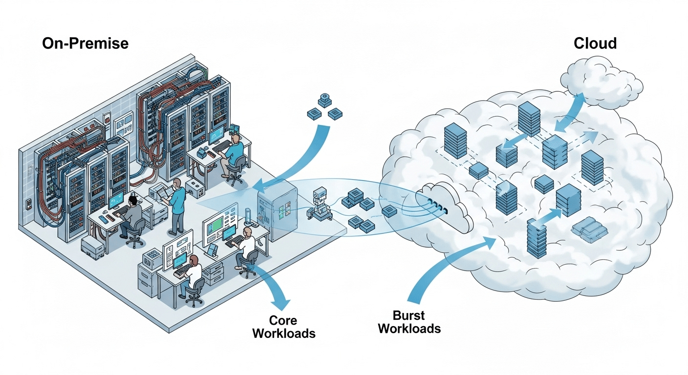 Split-infrastructure illustration where core workloads run on-premise and burst workloads scale into the cloud.