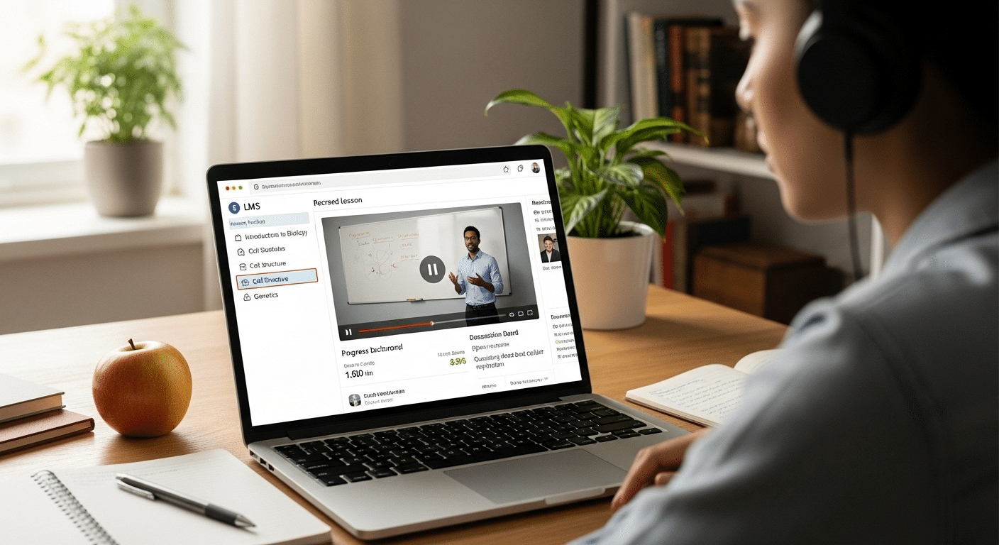 Student watching recorded online lessons on a laptop with progress dashboard, learning modules, and discussion board interface