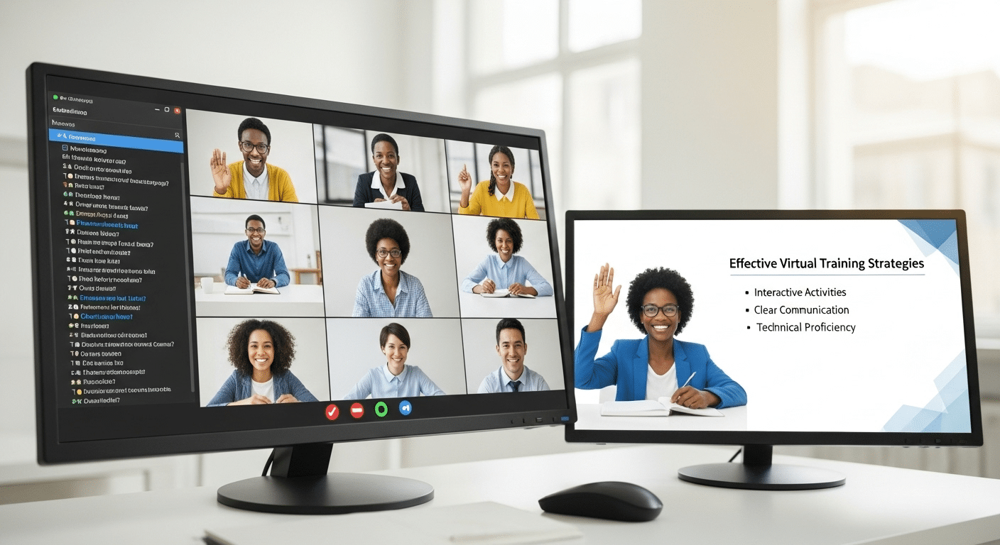 Virtual training session with instructor managing engagement, technology, and learner participation effectively.
