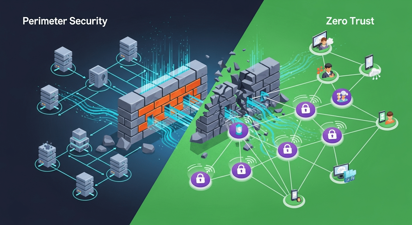 Enterprise security evolution illustration from firewall-based protection to Zero Trust access controls.