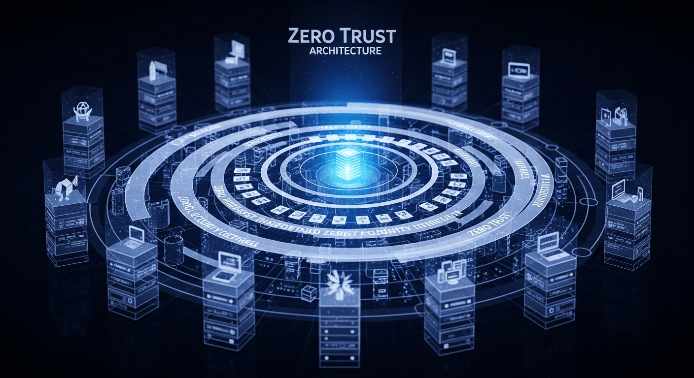 Cybersecurity architecture visualization showing layered Zero Trust controls across users, devices, and applications.