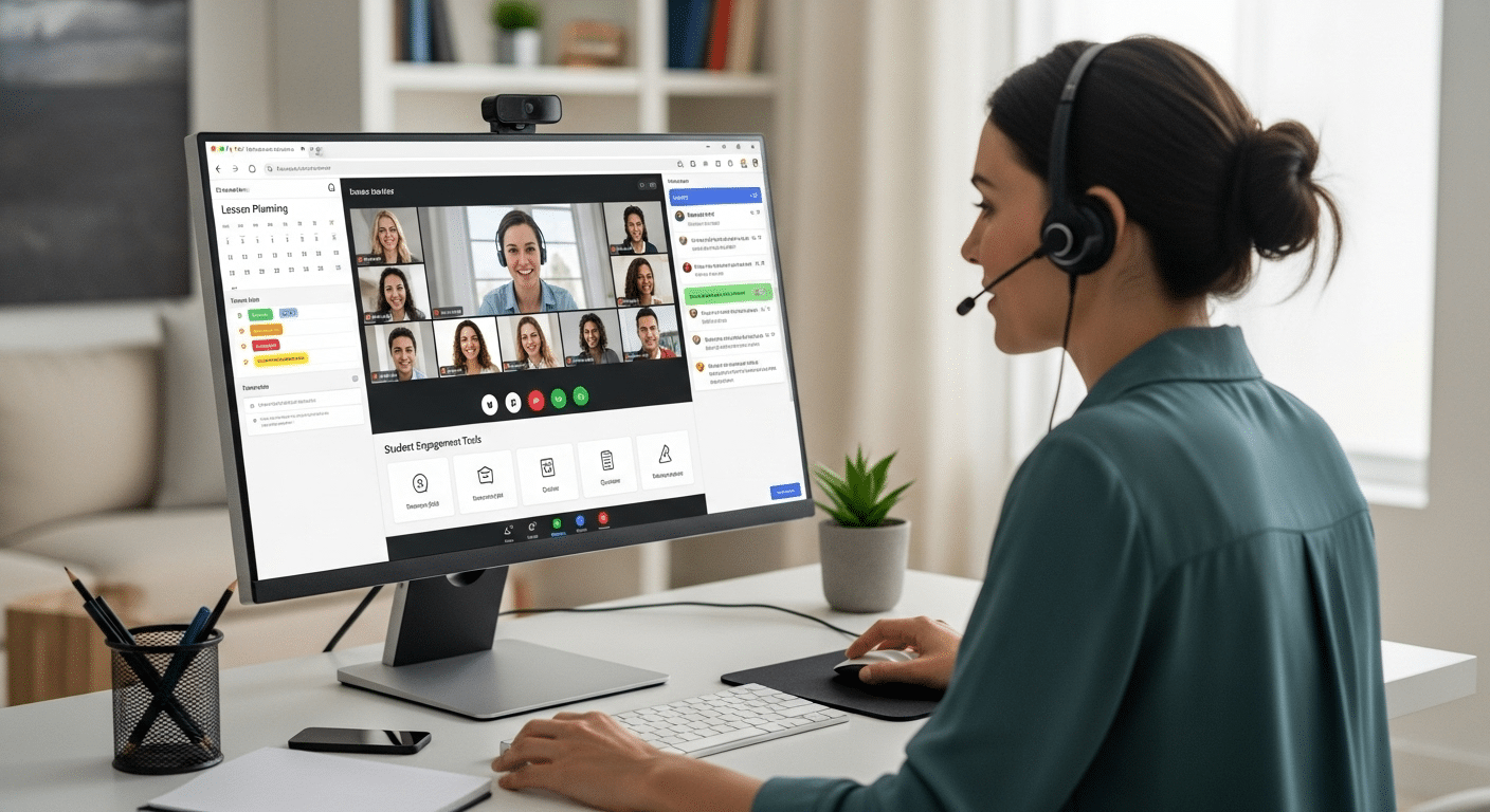 Teacher managing a virtual classroom platform with lesson planning, live teaching, and student engagement tools in one dashboard.