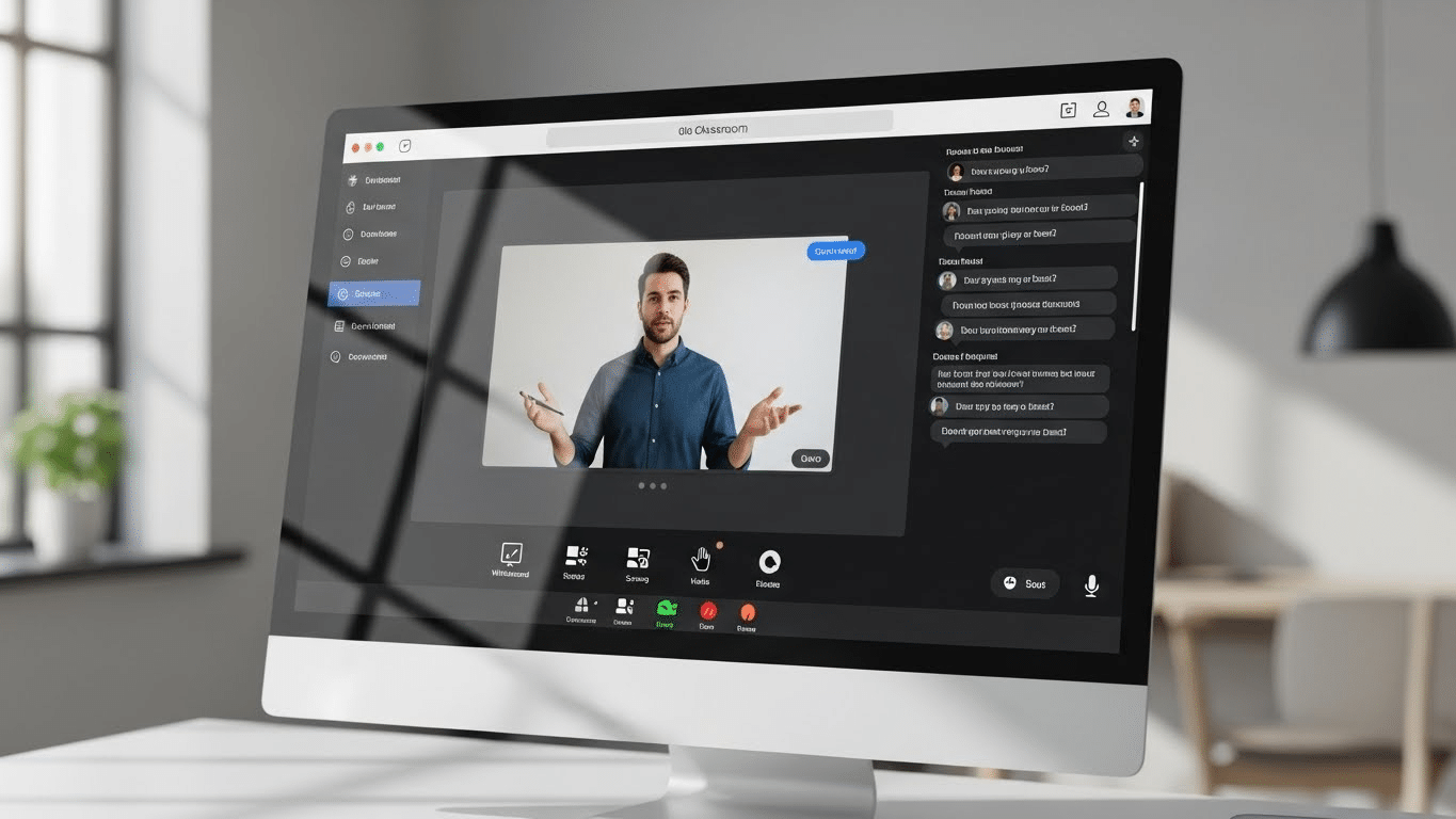 Online classroom interface with a teacher presenting on video and students interacting through chat, demonstrating what is a virtual classroom layout.