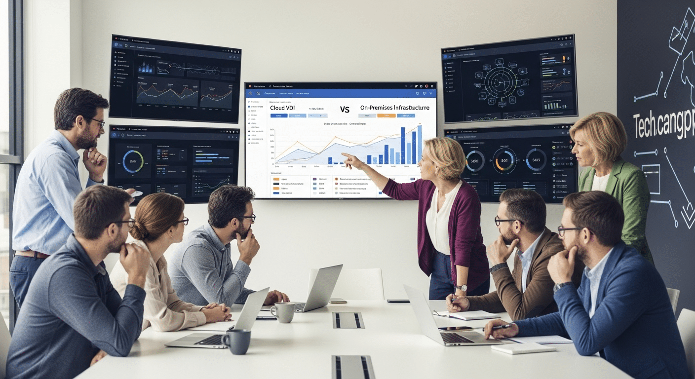 Enterprise decision-making scene with IT leaders evaluating cloud VDI versus on-premises infrastructure on digital dashboards.